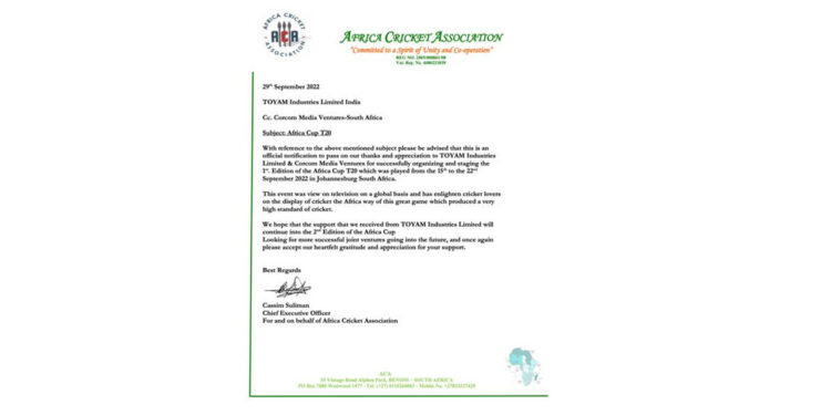 African Cricket Association lauds Toyam Industries Ltd efforts in concluding Africa Cup T20